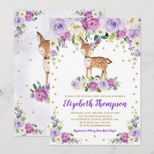 Lavender Gold Floral Woodland Deer Baby Dusche Einladung
