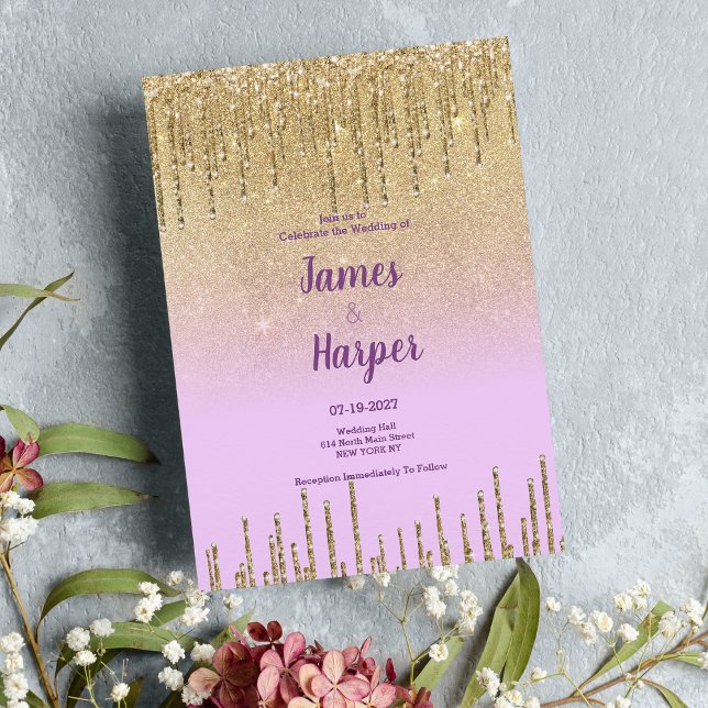 Lavender gold Glitzer ombre Tropfen Luxus Hochzeit Einladung (Lavender gold glitter ombre drips luxury Wedding)