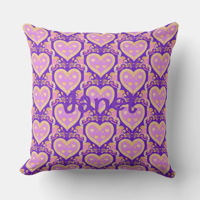 Lavender Gold Hearts Kissen (Vorderseite)