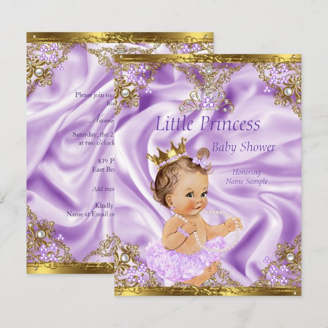 Lavender Gold Princess Baby Shower Brünett Girl Einladung (Vorne/Hinten)
