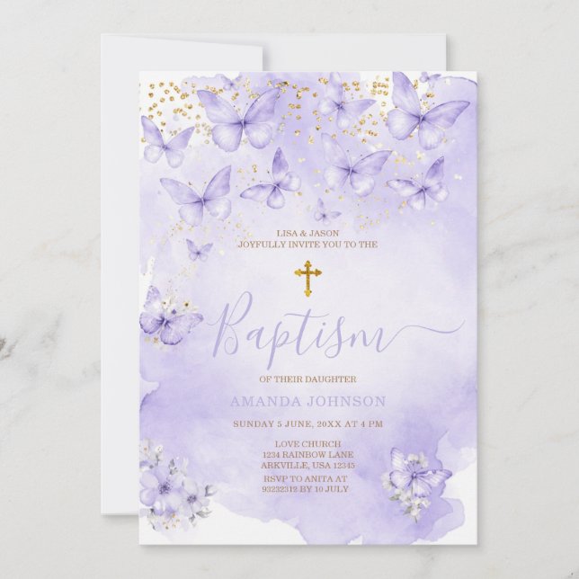 Lavender Gold Purple Butterfly Baptism Invitation Einladung (Vorderseite)