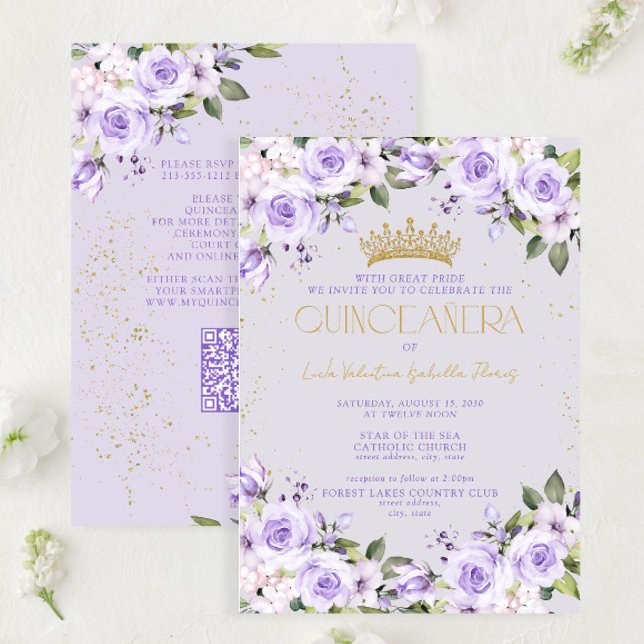 Lavender Gold QR Code Quinceañera Mis Quince Einladung (Von Creator hochgeladen)