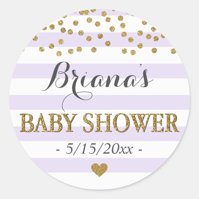 Lavender Gold Stripe Confetti Baby Girl Dusche Runder Aufkleber (Vorderseite)