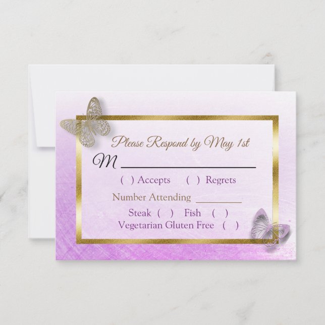 Lavender Gold Striped Butterfly Wedding RSVP Karte (Vorderseite)