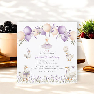 Lavender goose First Birthday QR RSVP Einladung