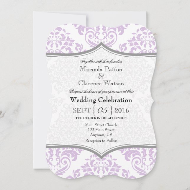 Lavender Gray Damask Bracket Wedite Einladung (Vorderseite)