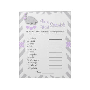 Lavender & Gray Elephant Baby Showroom Word Game Notizblock