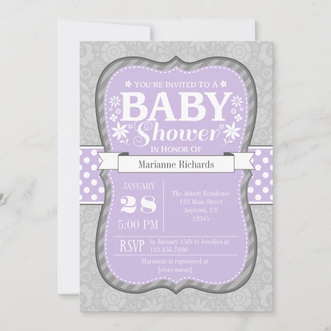Lavender Gray Floral Blume Kinderdusche Einladung (Vorderseite)