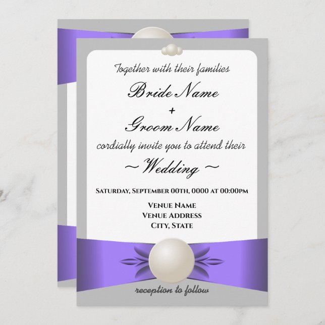 Lavender & Gray Pearl Ribbon Wedding & Empfang Einladung (Vorne/Hinten)