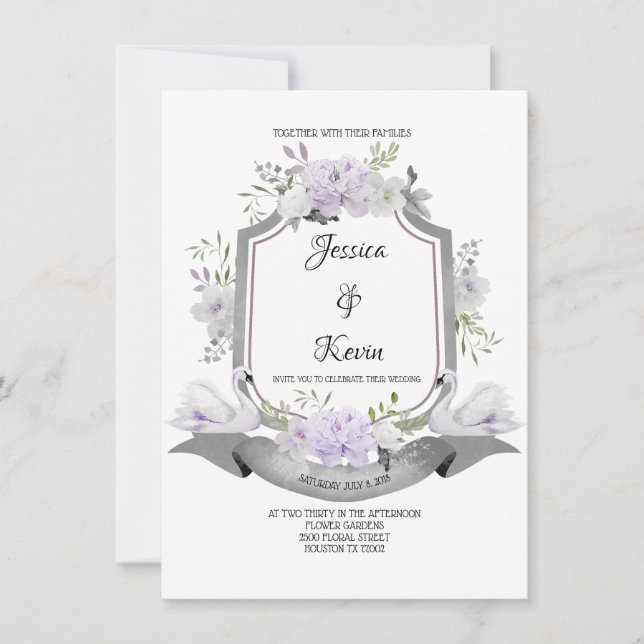 Lavender Gray Wappen Swan Wedding Einladung (Vorderseite)
