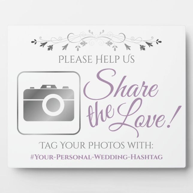 Lavender & Gray Wedding Foto Hashtag Sign Fotoplatte (Vorderseite)