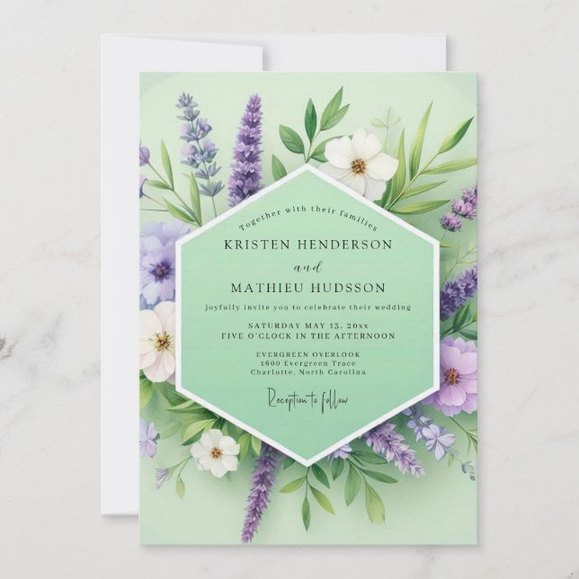 Lavender Green Floral Whimsy Wedding Einladung (Vorderseite)