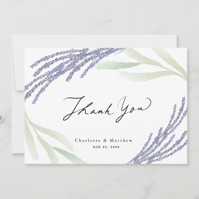 Lavender & Greenery Caligraphy Wedding Dankeskarte (Vorderseite)