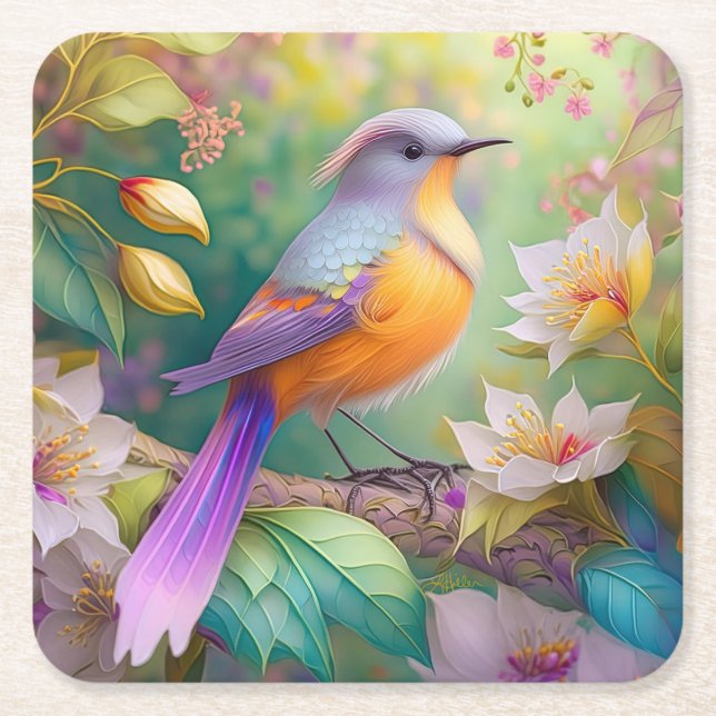 Lavender Headed Orange Breastase Fantasy Bird Rechteckiger Pappuntersetzer (Vorderseite)