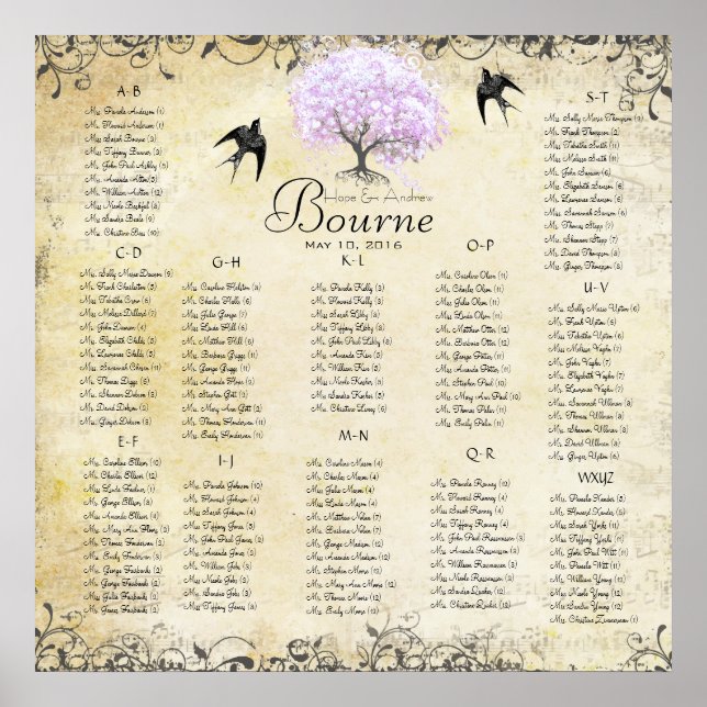 Lavender Heart Tree 100 bis 150 Gäste alphabetisch Poster (Vorne)