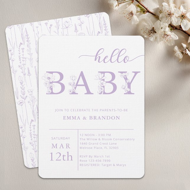 Lavender Hello Baby Wildflower Invitation Einladung (Lavender Baby Shower Invite)