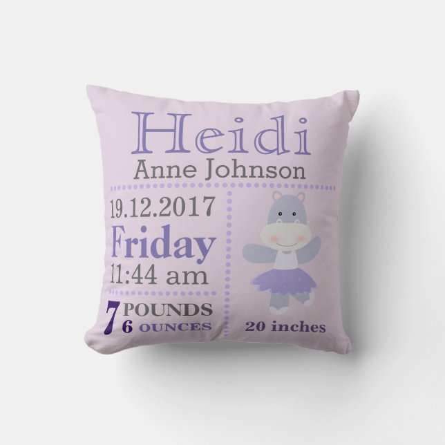 Lavender Hippo Ballerina birth announcement stats Kissen (Vorderseite)
