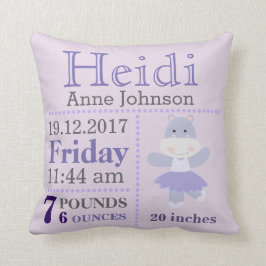 Lavender Hippo Ballerina birth announcement stats Kissen