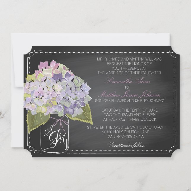 Lavender Hydrangeas Chalkboard Rustikale Hochzeit Einladung (Vorderseite)