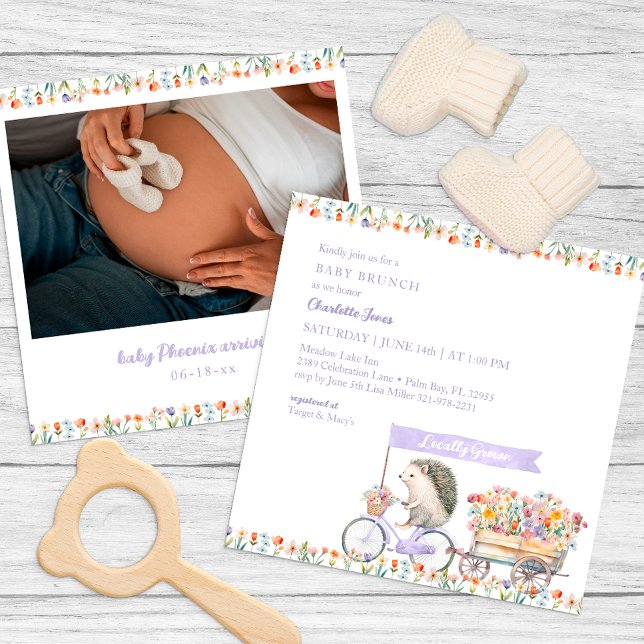 Lavender Igel Baby Dusche Foto Einladung (Whimsical Pastel Baby Shower Invitation)