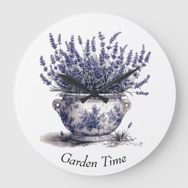 Lavender in Delft Blue Große Wanduhr (Vorderseite)