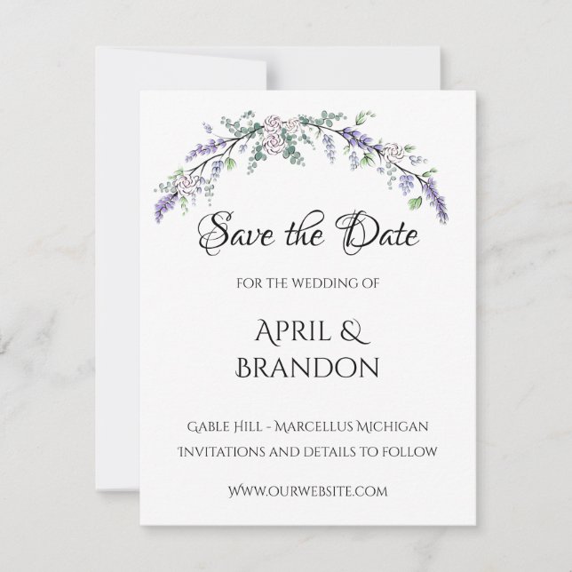 Lavender Ivory Rose und Eukalyptus Save The Date (Vorderseite)