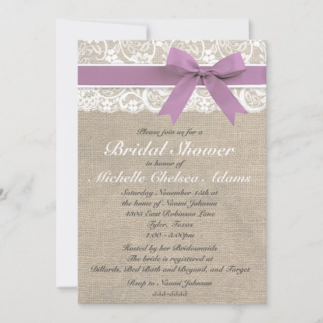 Lavender Lace Burlap Bridal Dusche Einladung (Vorderseite)