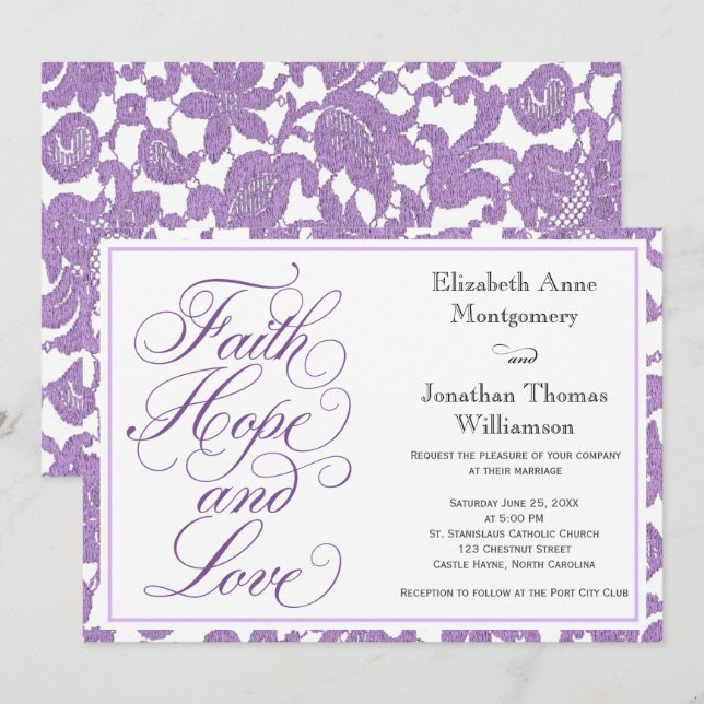 Lavender Lace Script Faith Hope & Liebe Wedding Einladung (Vorne/Hinten)