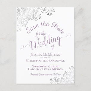 Lavender Lacy Silver Wedding Save the Date White Ankündigungspostkarte