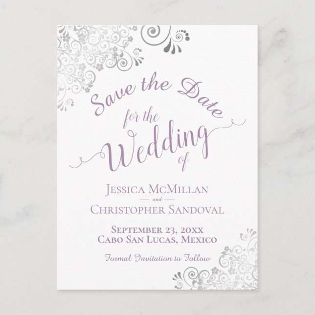 Lavender Lacy Silver Wedding Save the Date White Ankündigungspostkarte (Vorderseite)