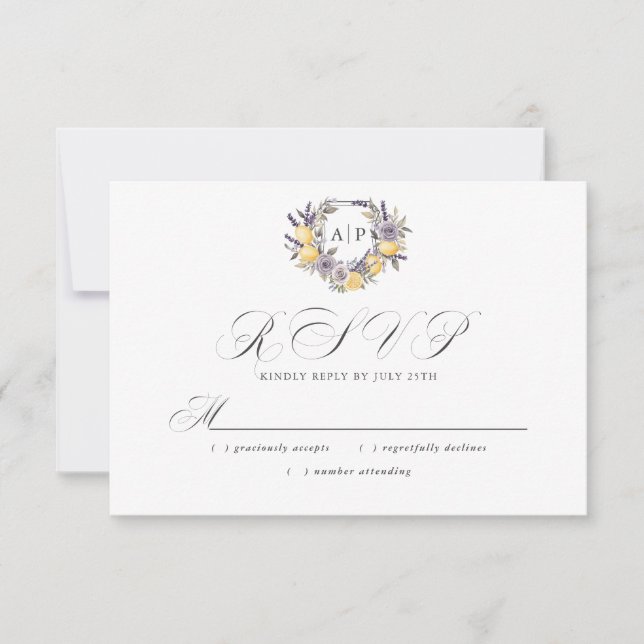 Lavender Lemon Monogram Floral Wappen Wedding RSVP Karte (Vorderseite)