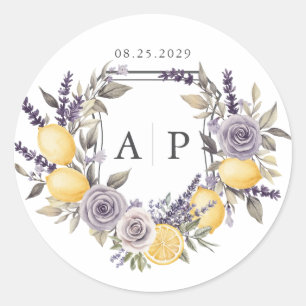 Lavender Lemon Monogram Floral Wappen Wedding Runder Aufkleber
