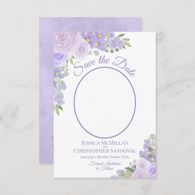 Lavender Lila Aquarellblumen & Foto Hochzeit Save The Date (Vorne/Hinten)