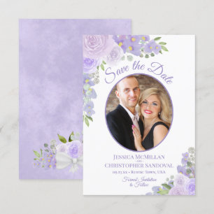 Lavender Lila Aquarellblumen & Foto Hochzeit Save The Date