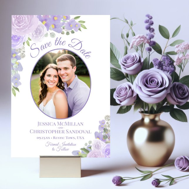 Lavender Lila Aquarellblumen & Foto Hochzeit Save The Date (Von Creator hochgeladen)