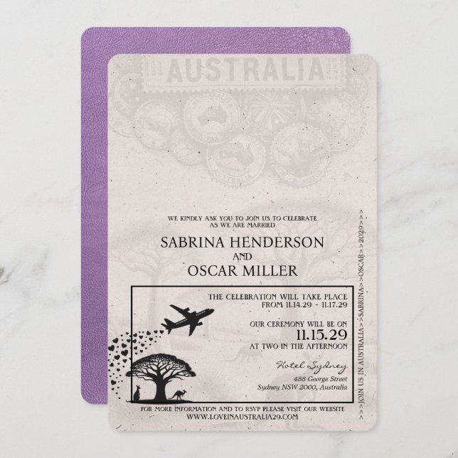Lavender Lila Australia Passport Wedding Einladung (Vorne/Hinten)