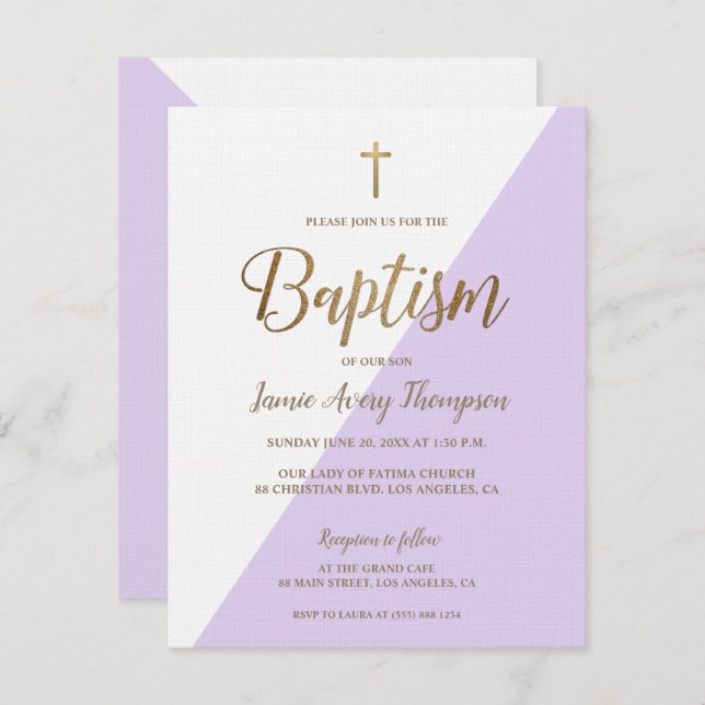 Lavender Lila Baby Girl Gold Moderne Taufe Einladung (Vorne/Hinten)