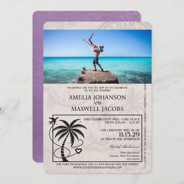 Lavender Lila Bahamas Passport Wedding Einladung (Vorne/Hinten)