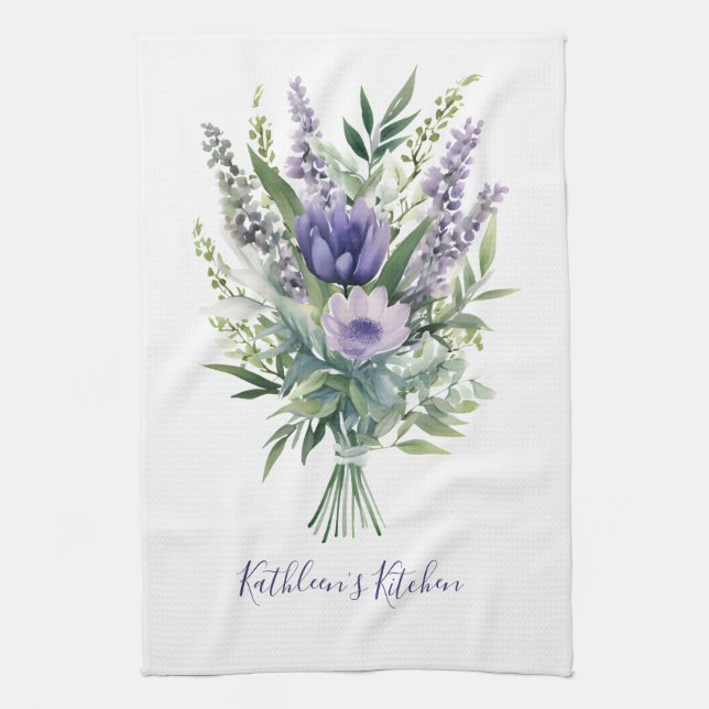 Lavender Lila Blume Grüne Floral Bouquet Geschirrtuch (Vertikal)