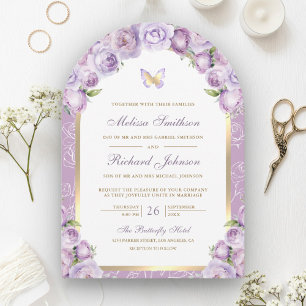 Lavender Lila Blumen-Gold-Arch-Schmetterling-Hochz Einladung