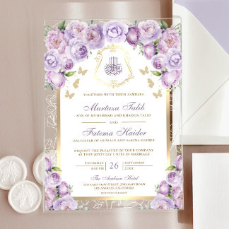 Lavender Lila blumengoldene Hochzeit Acryleinladungen