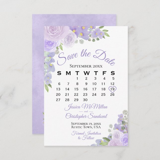 Lavender Lila Blumenkalender Save The Date (Vorne/Hinten)