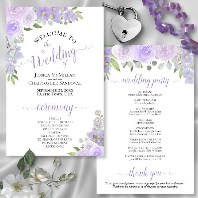 Lavender Lila Boho Floral Budget Hochzeitsprogramm (In Situ Front and Back)