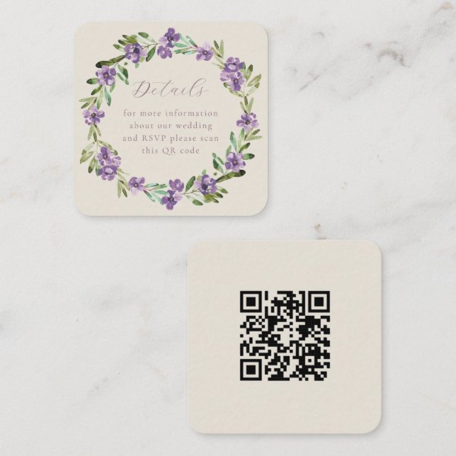 Lavender Lila botanischer Kranz QR Code Hochzeit Begleitkarte (Vorne/Hinten)
