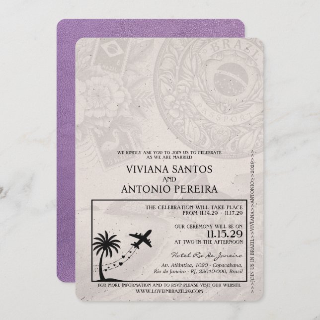 Lavender Lila Brasilien Passport Hochzeitseinladun Einladung (Vorne/Hinten)