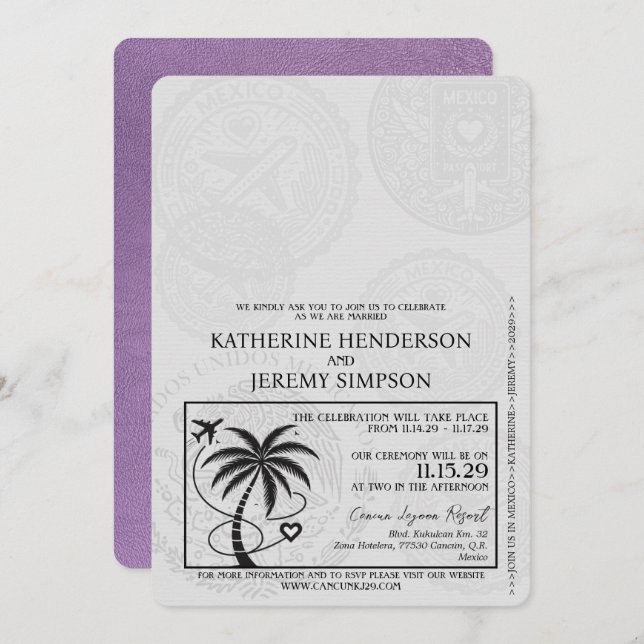 Lavender Lila Cancun Passport Wedding Einladung (Vorne/Hinten)