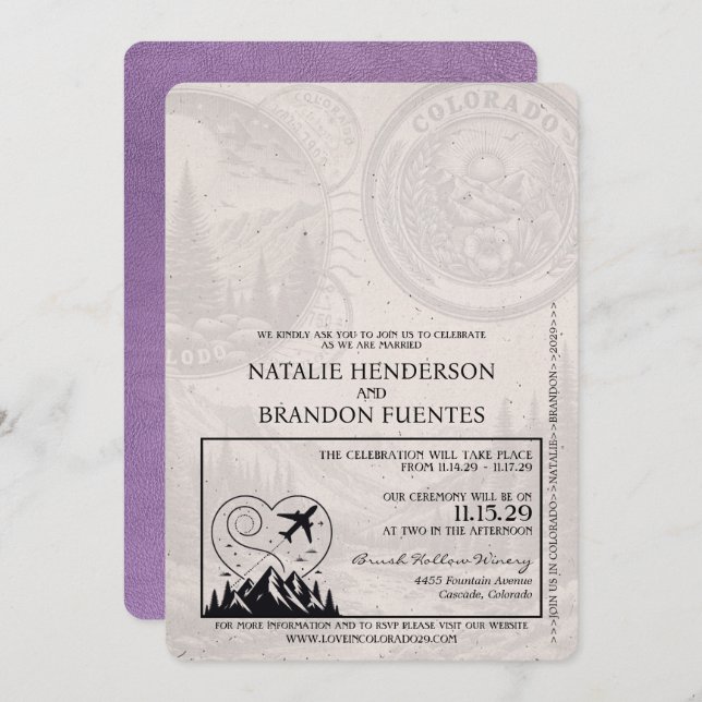 Lavender Lila Colorado Passport Wedding Einladung (Vorne/Hinten)