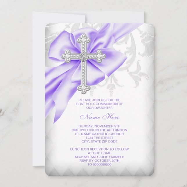 Lavender Lila Damask Cross First Communation Einladung (Vorderseite)