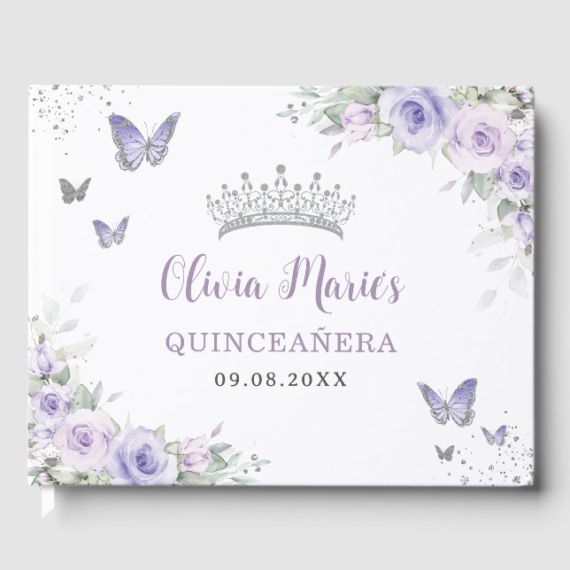 Lavender Lila Flora Schmetterlinge Quinceañera Gästebuch (Vorderseite)