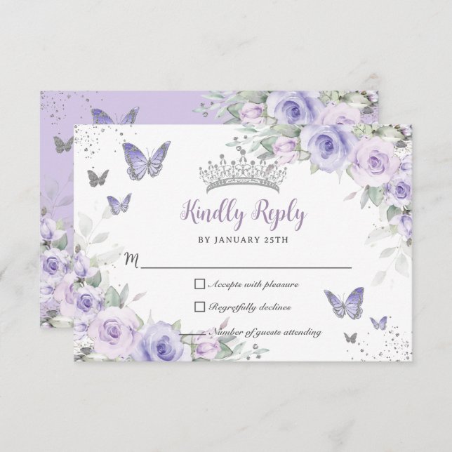 Lavender Lila Flora Schmetterlinge Quinceañera RSVP Karte (Vorne/Hinten)